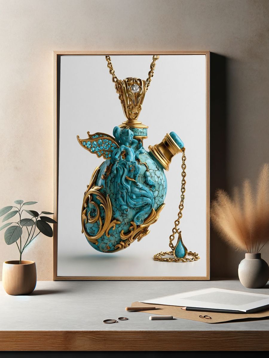 Turquoise Ornate Pendant Illustration Print. — room view 2
