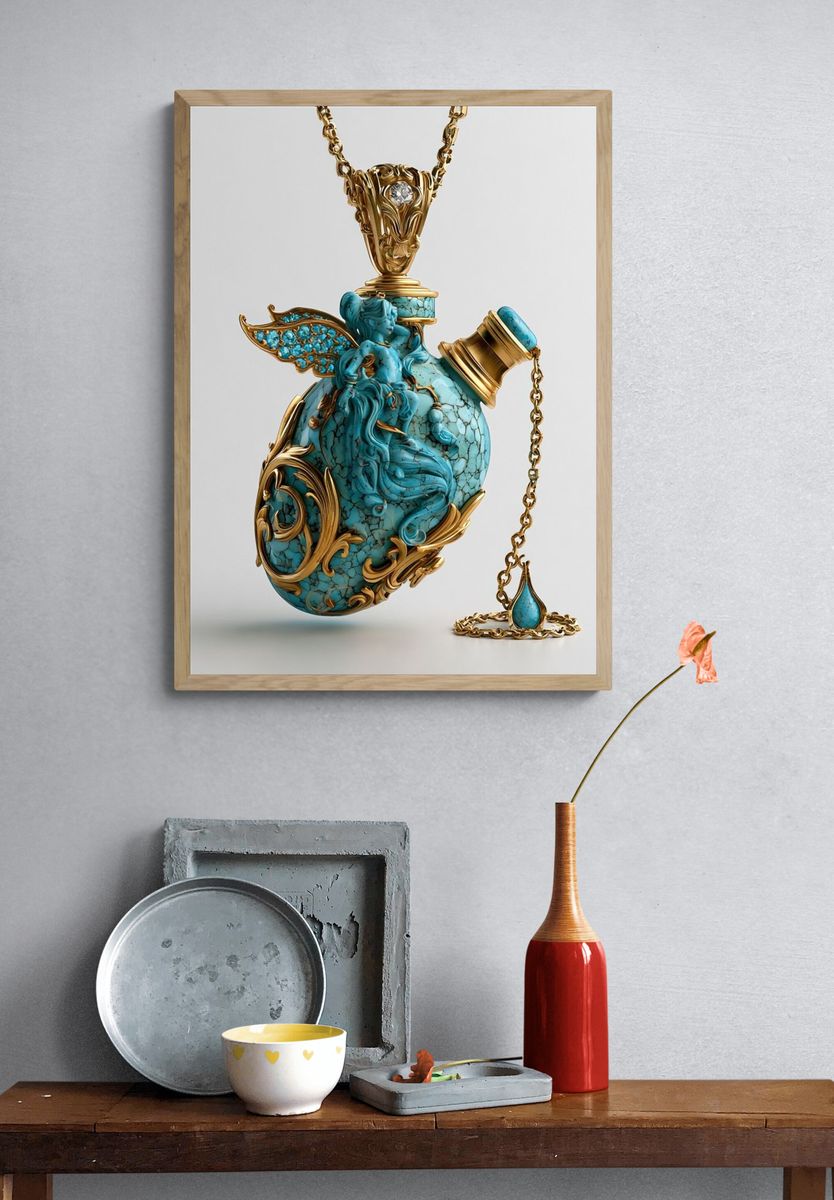 Turquoise Ornate Pendant Illustration Print. — room view 3