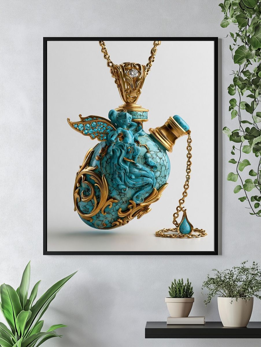 Turquoise Ornate Pendant Illustration Print. — room view 4