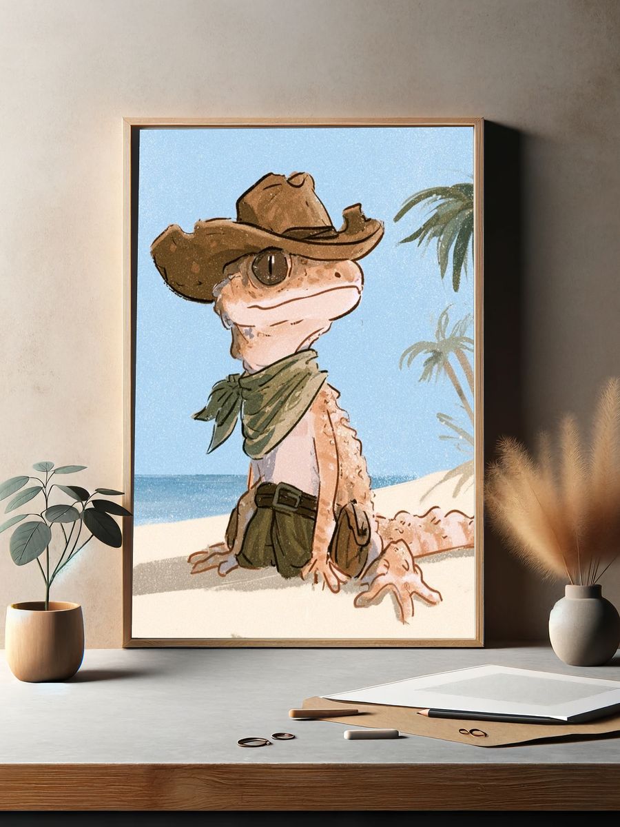 Cowboy Gecko Beach Print. — room view 2