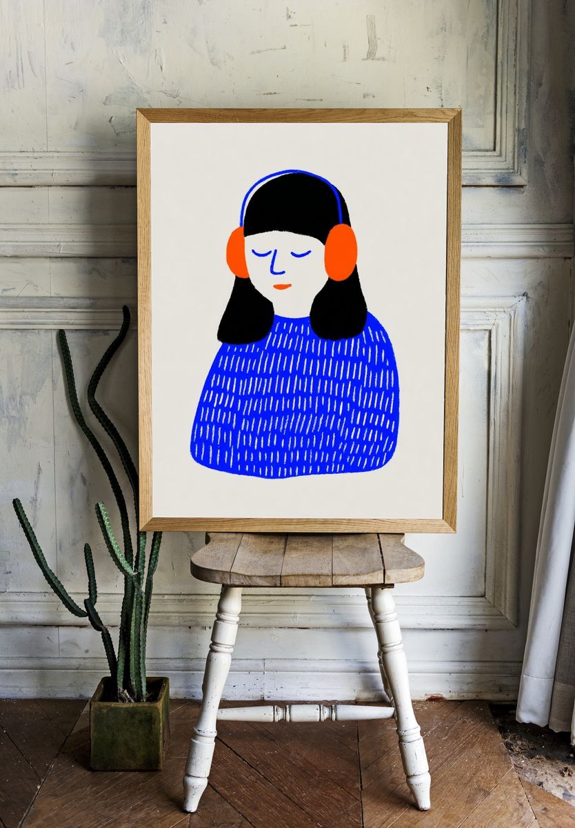 Girl with Headphones Illustration Poster. room preview