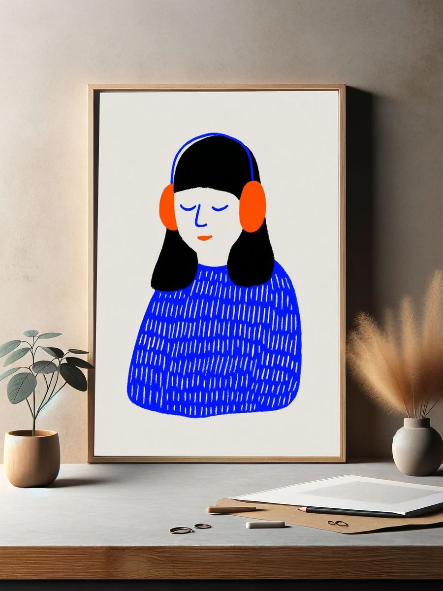 Girl with Headphones Illustration Poster. — room view 2