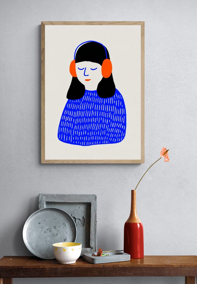 Girl with Headphones Illustration Poster. — room view 3