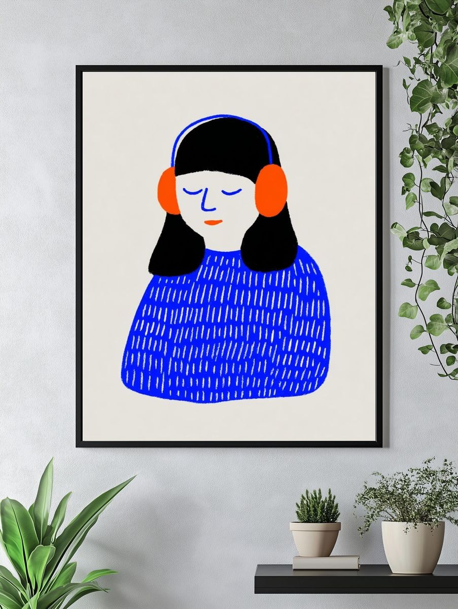 Girl with Headphones Illustration Poster. — room view 4