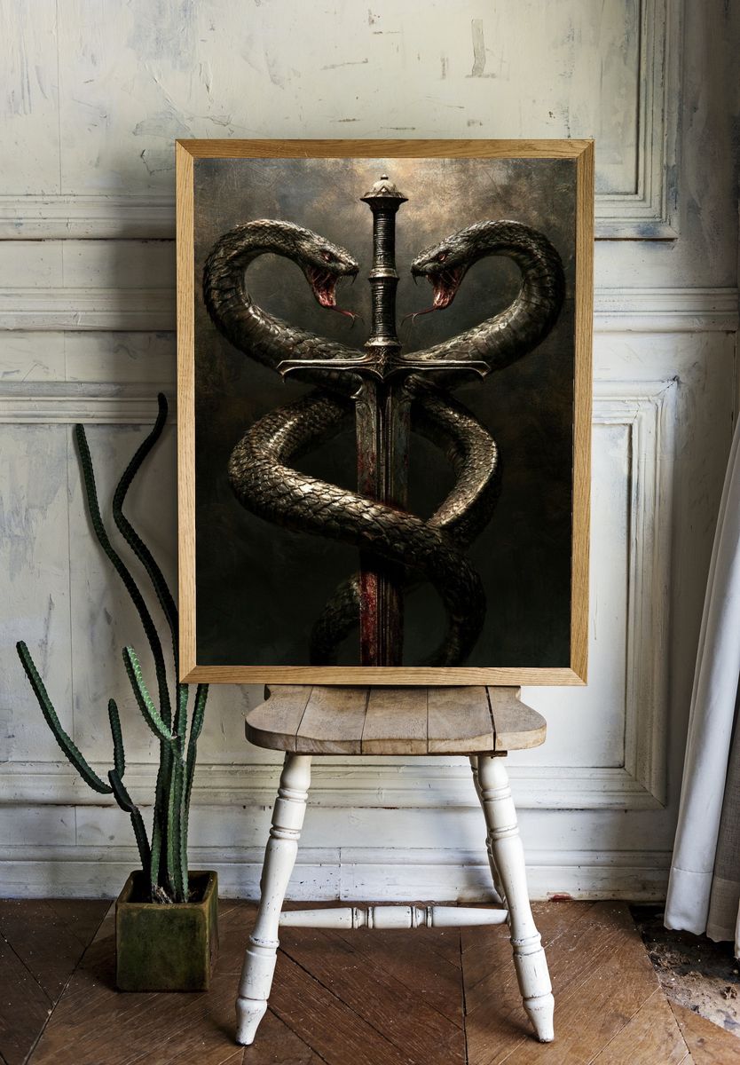 Twin Serpents Sword Illustration Poster. room preview