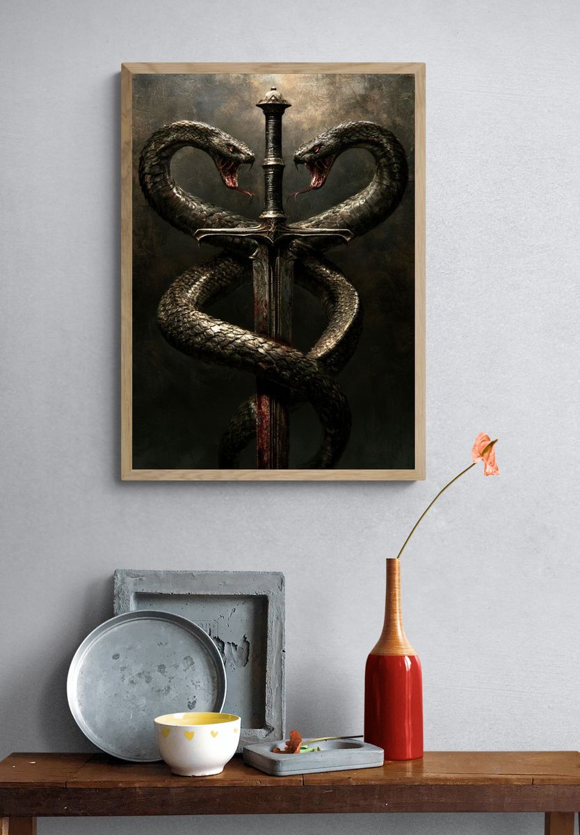 Twin Serpents Sword Illustration Poster. — room view 3