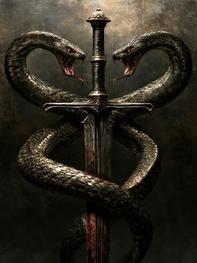 Twin Serpents Sword Illustration Poster.