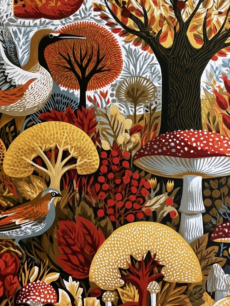 Autumn Woodland Birds Illustration Poster. poster detail