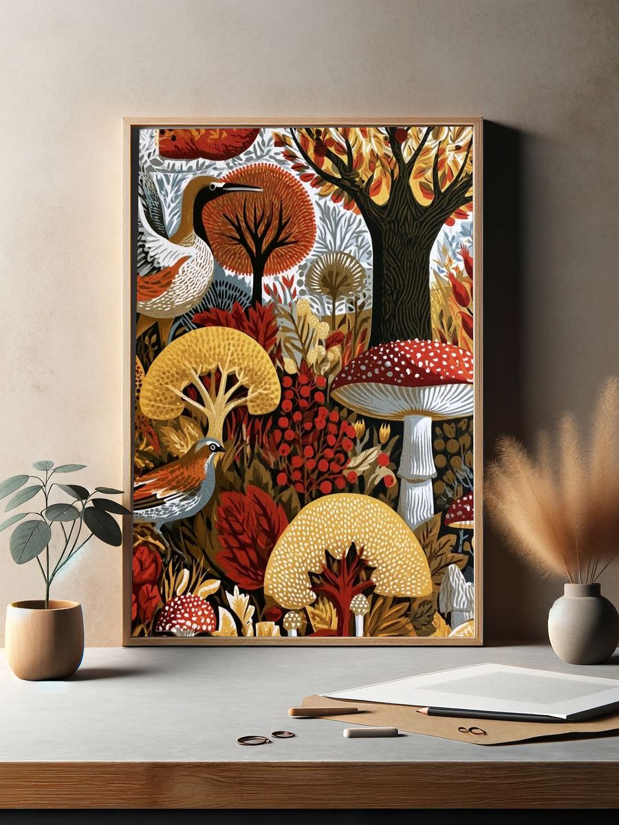 Autumn Woodland Birds Illustration Poster. — room view 2