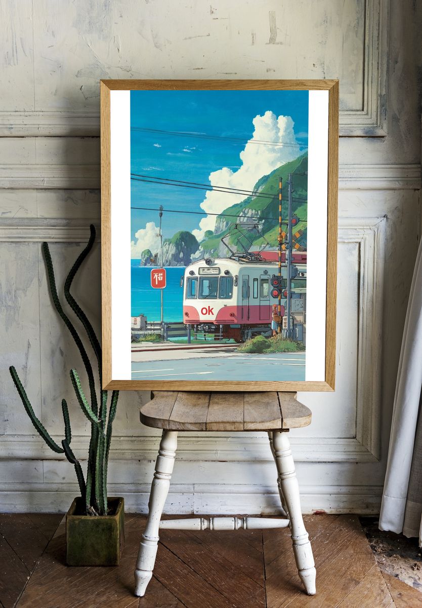 Coastal Train Crossing Illustration Poster. room preview