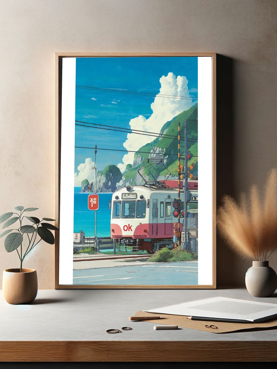 Coastal Train Crossing Illustration Poster. — room view 2