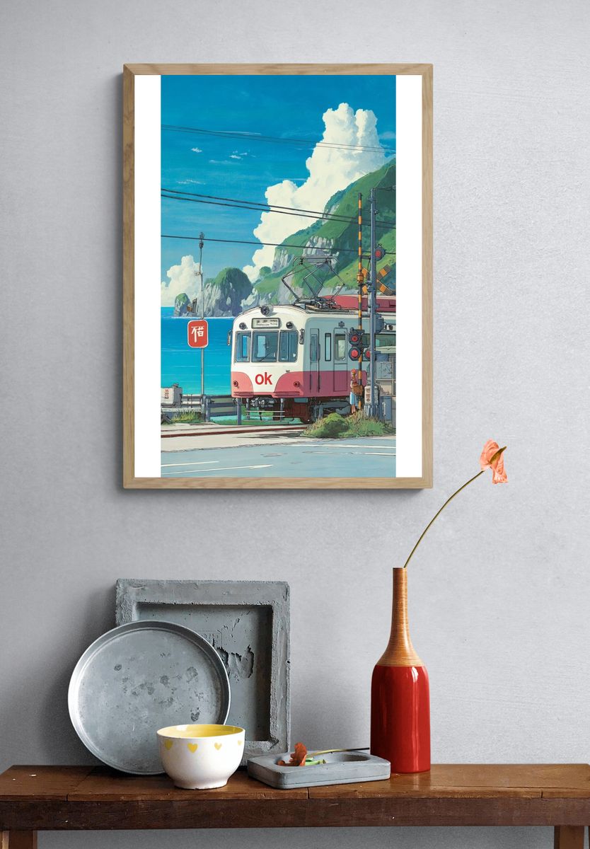 Coastal Train Crossing Illustration Poster. — room view 3