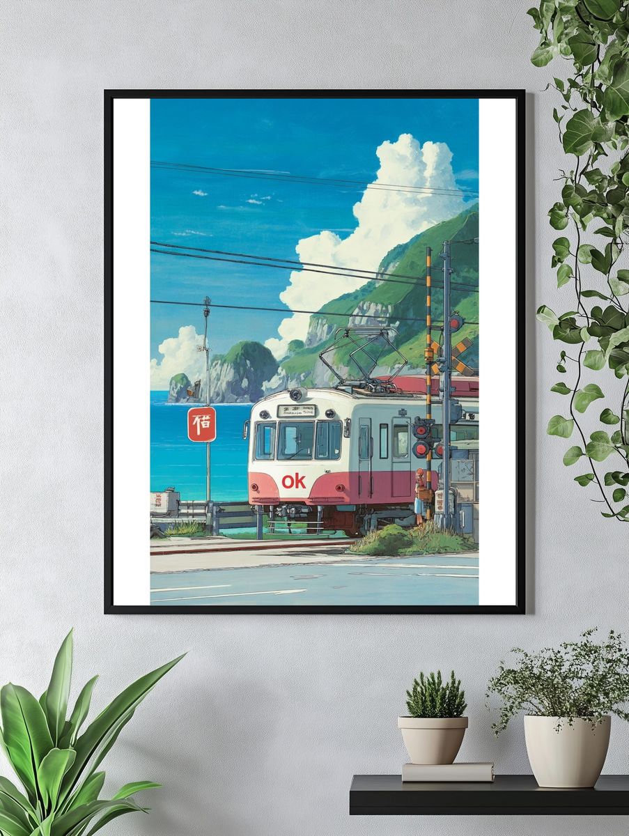 Coastal Train Crossing Illustration Poster. — room view 4