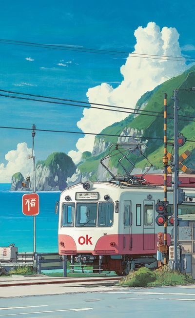 Coastal Train Crossing Illustration Poster. poster