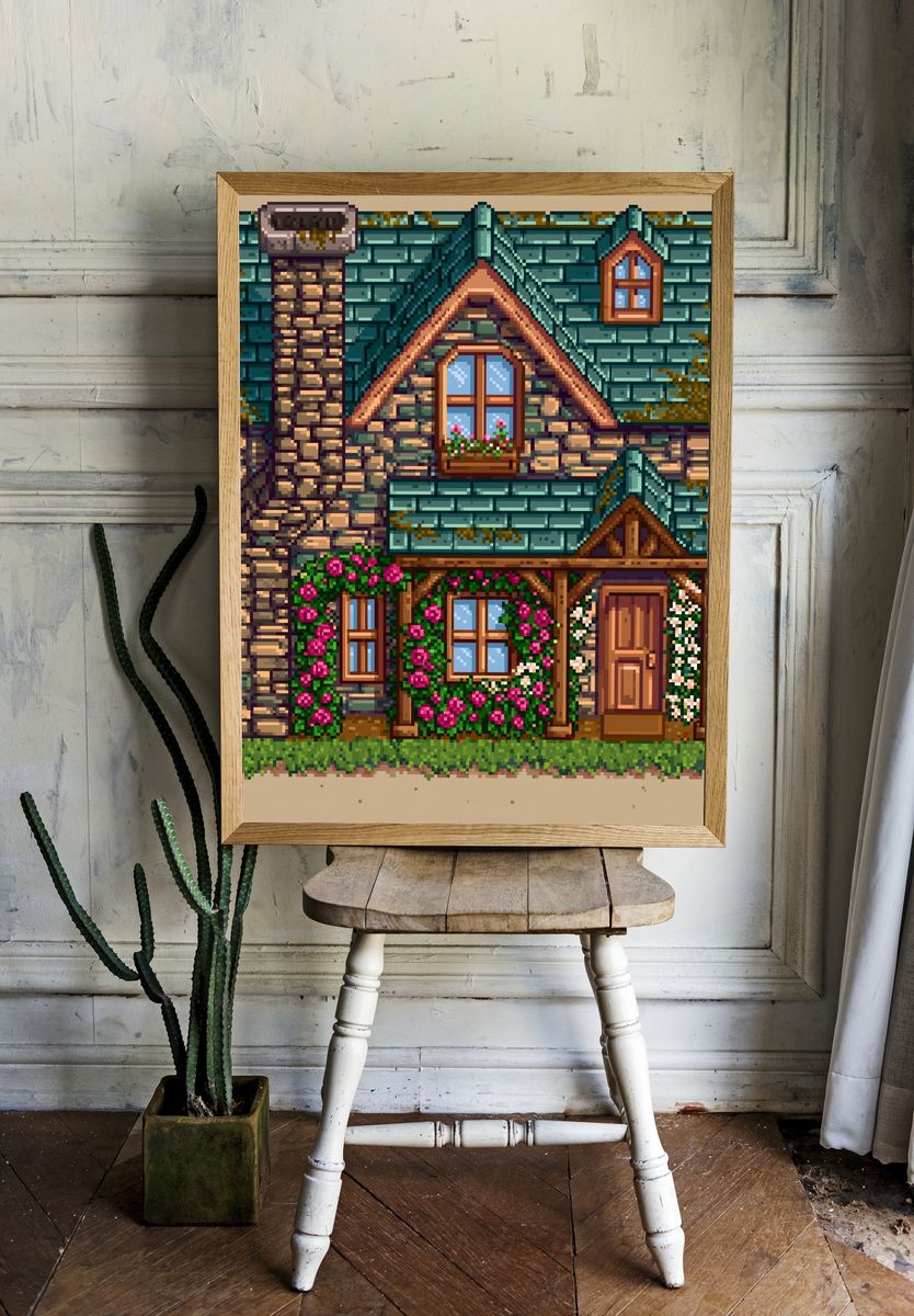 Cottage House Pixel Art Poster. room preview