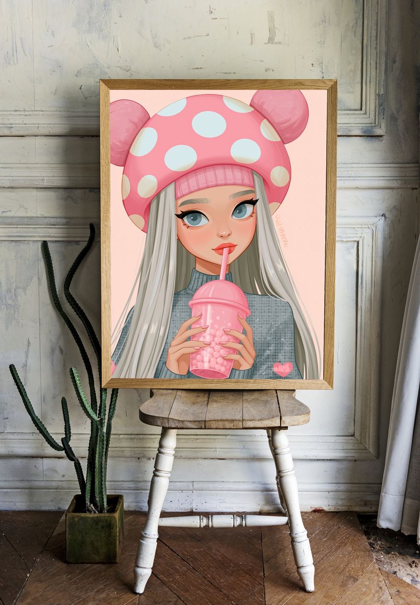 Pink Bubble Tea Girl Illustration Poster. room preview