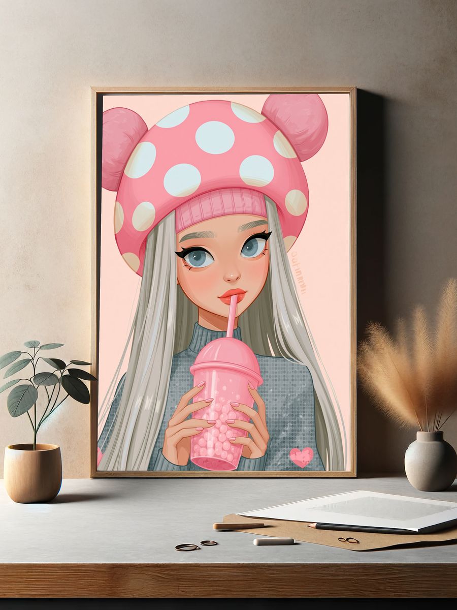 Pink Bubble Tea Girl Illustration Poster. — room view 2