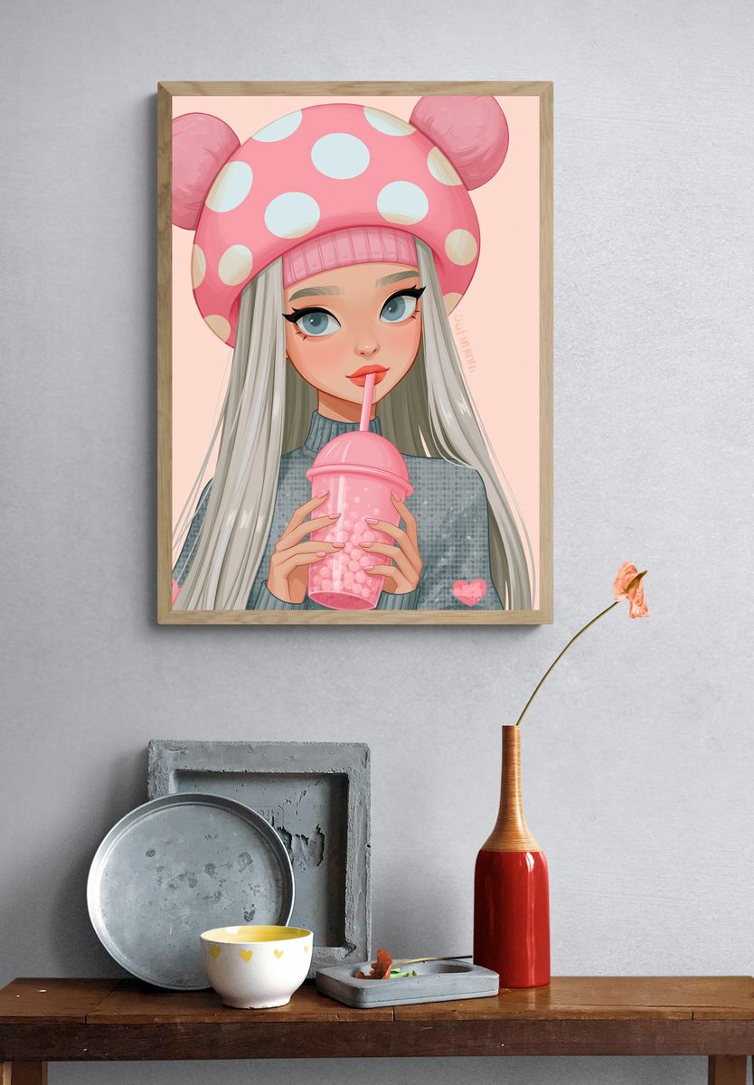 Pink Bubble Tea Girl Illustration Poster. — room view 3