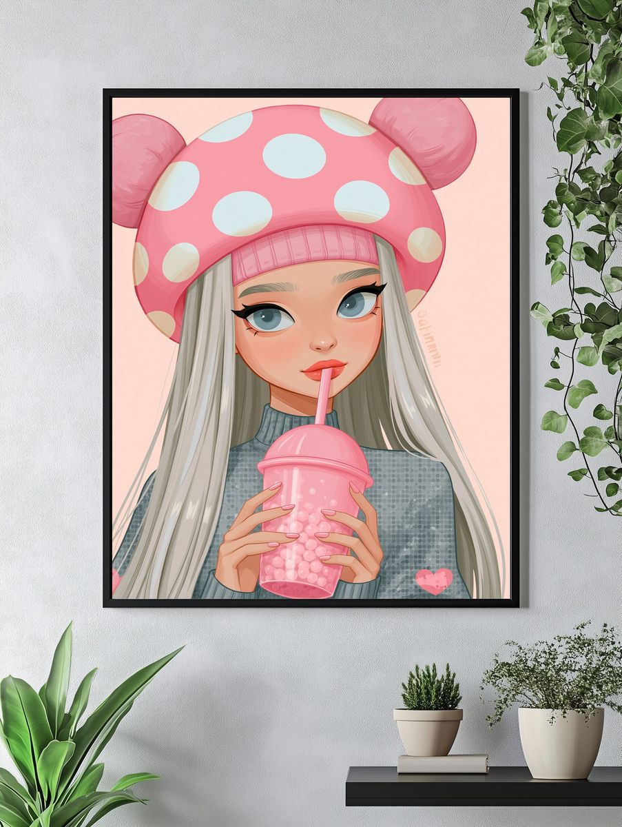 Pink Bubble Tea Girl Illustration Poster. — room view 4