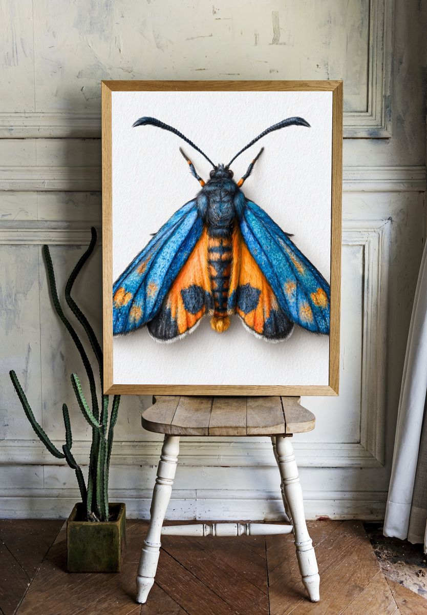 Blue Moth Illustration Poster. — room view 1