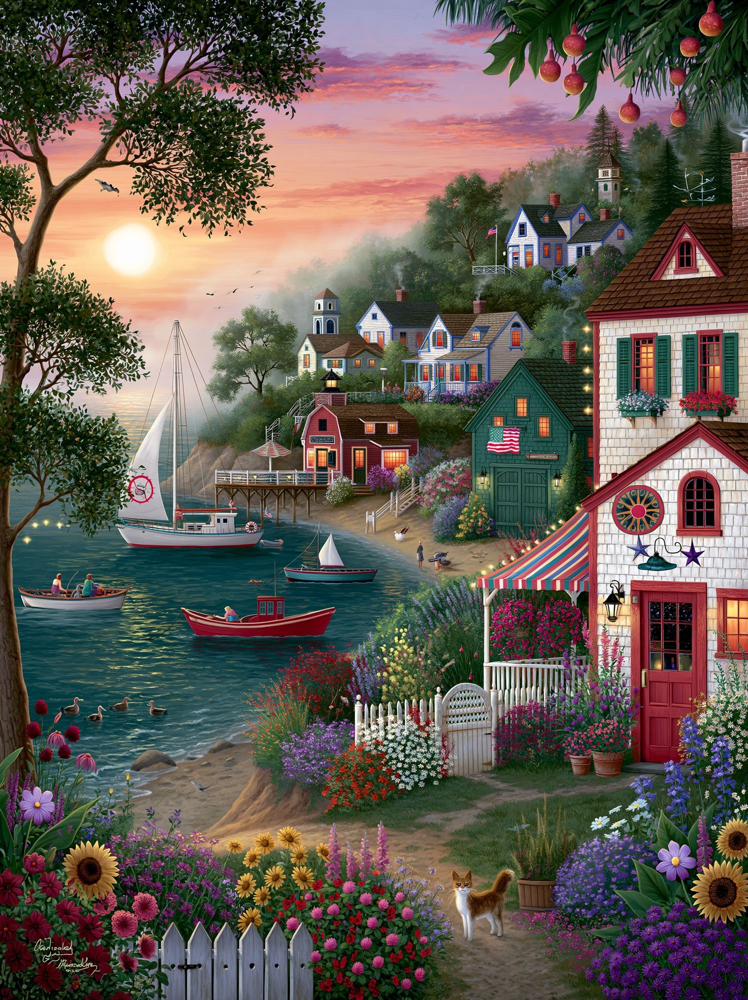 Seaside Village Sunset Illustration Poster. poster detail