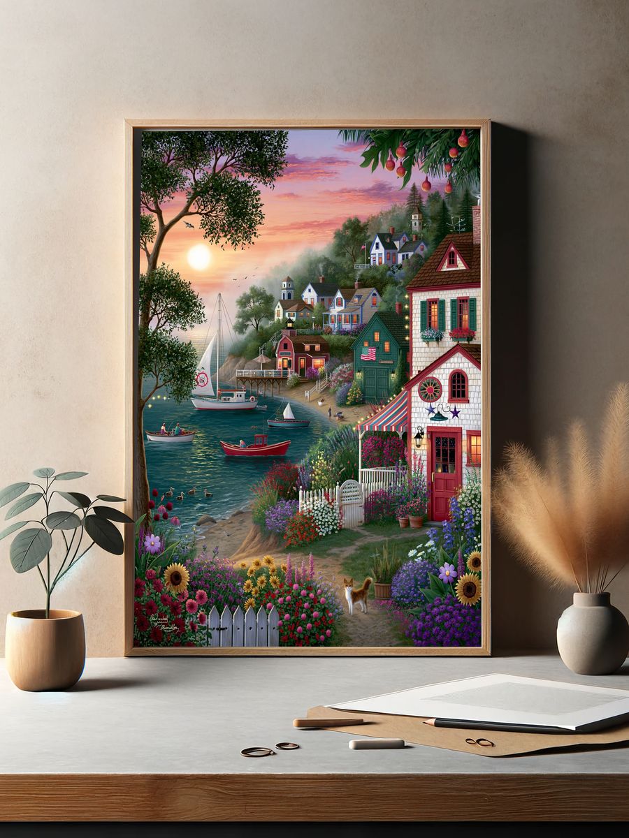 Seaside Village Sunset Illustration Poster. — room view 2