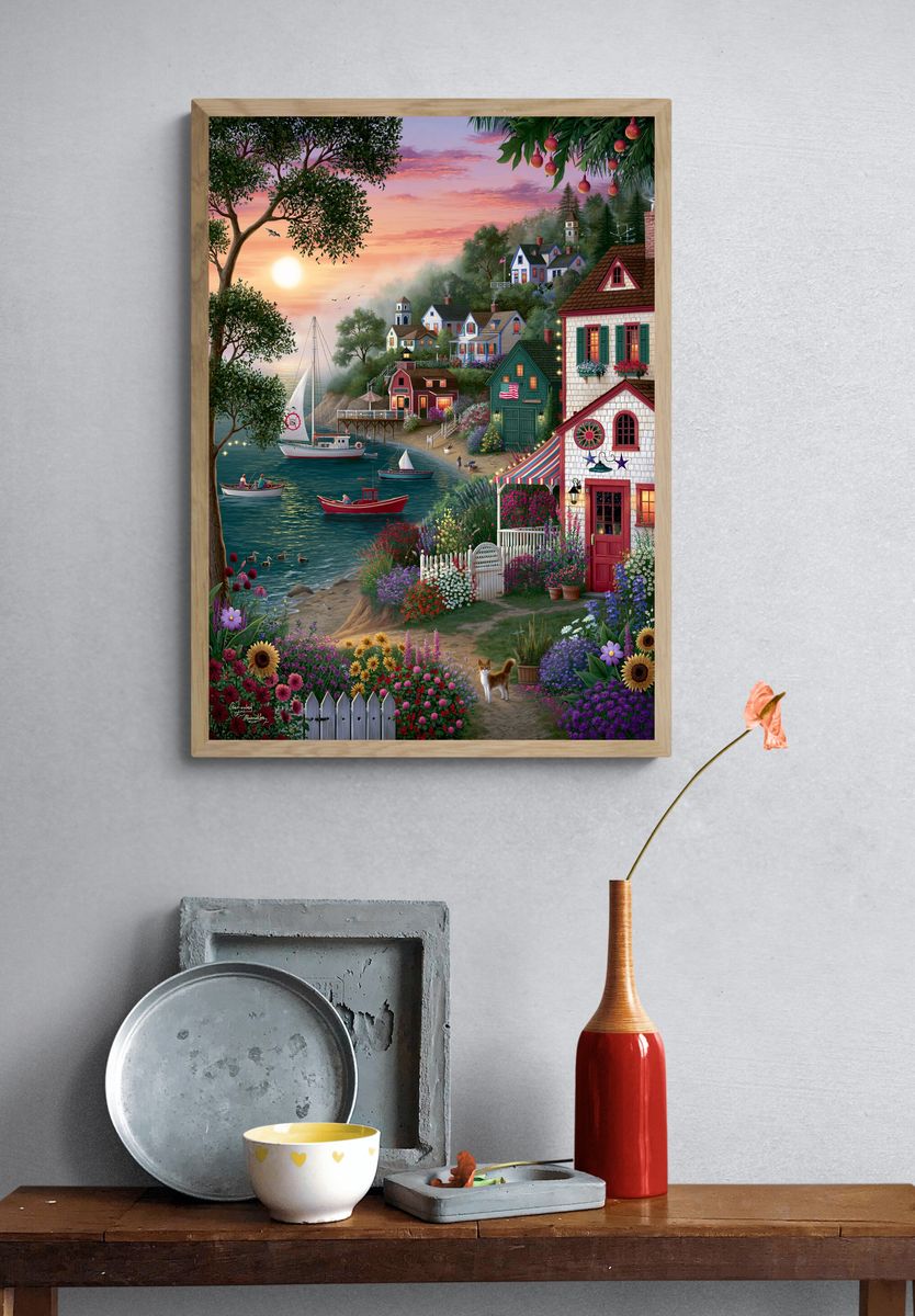Seaside Village Sunset Illustration Poster. — room view 3