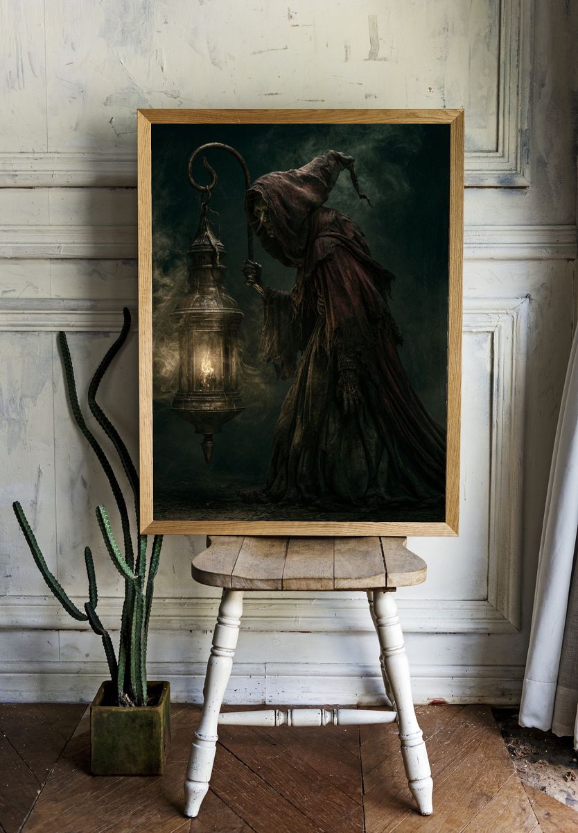 Dark Hooded Lantern Figure Poster. room preview