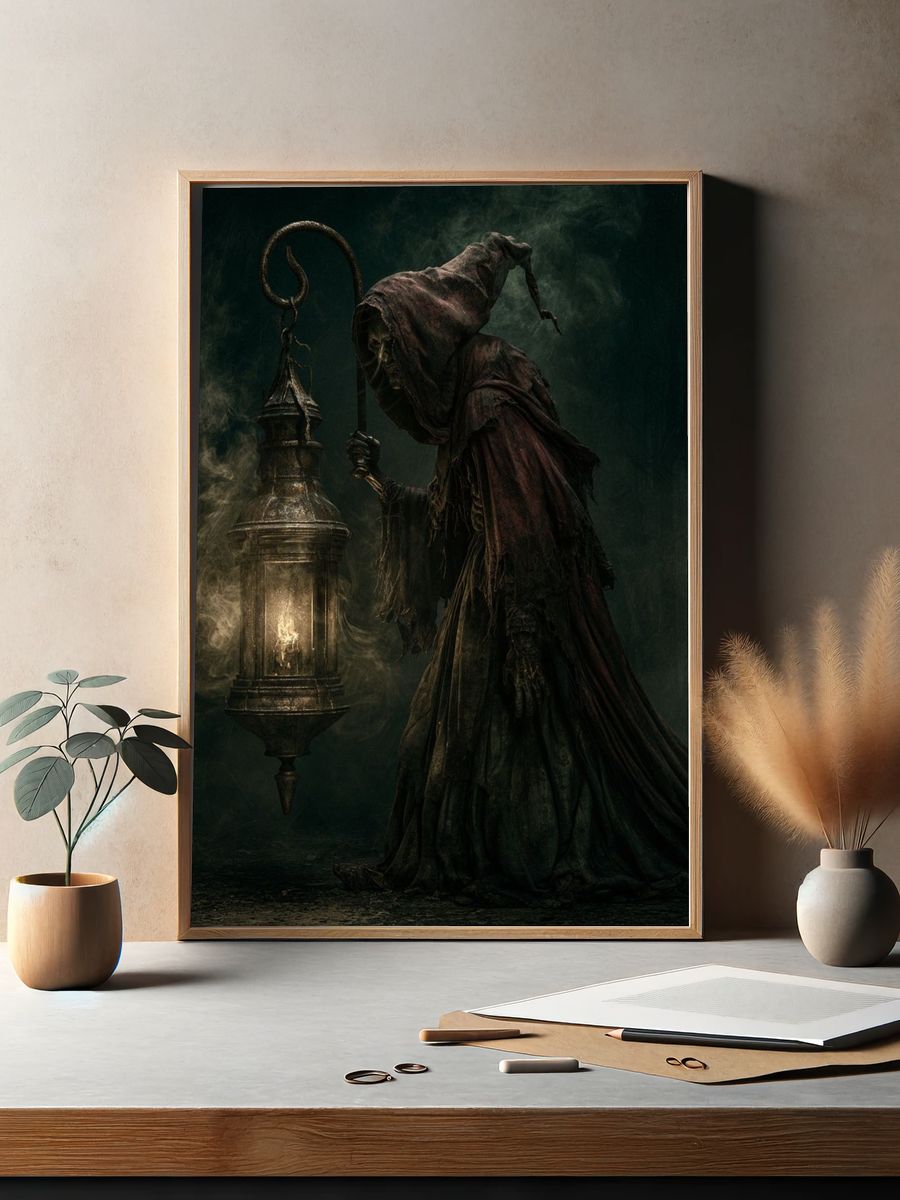 Dark Hooded Lantern Figure Poster. — room view 2