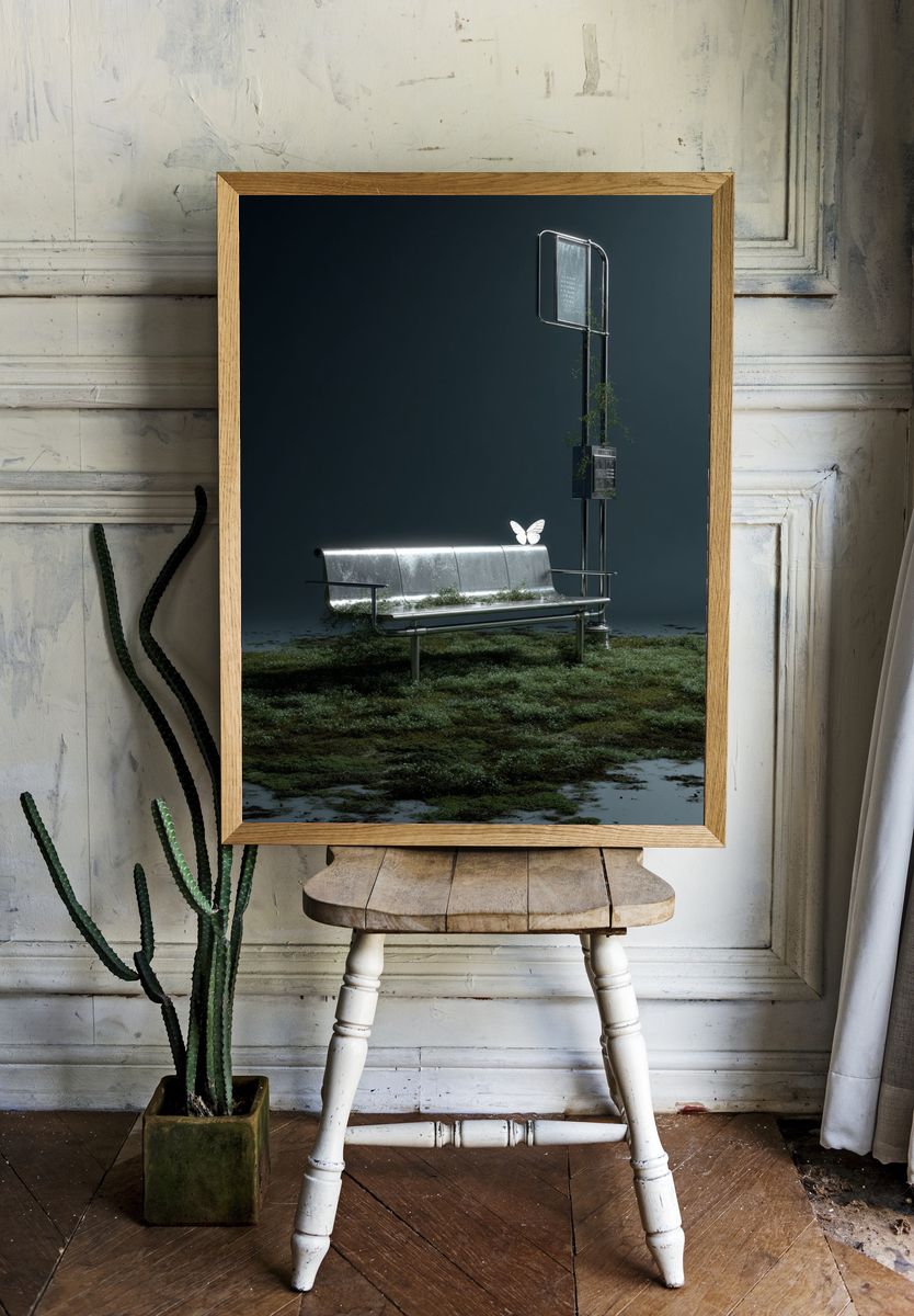 Surreal Bus Stop Digital Art Print. — room view 1
