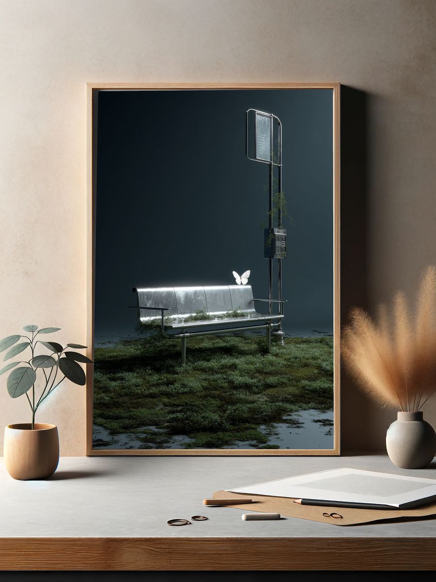 Surreal Bus Stop Digital Art Print. — room view 2