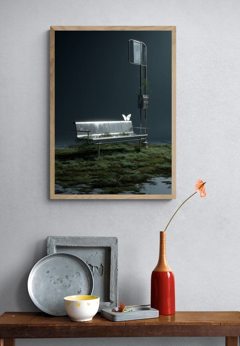 Surreal Bus Stop Digital Art Print. — room view 3