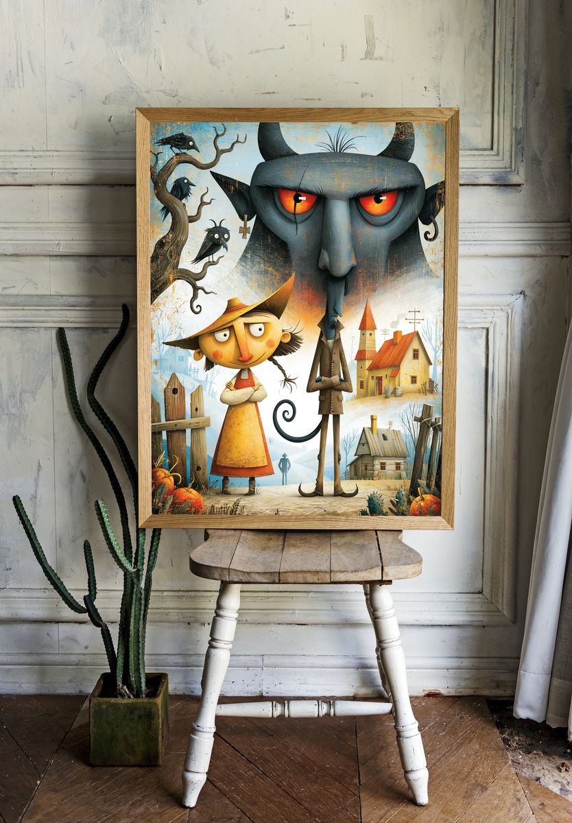 Whimsical Village Devils Illustration Poster. room preview