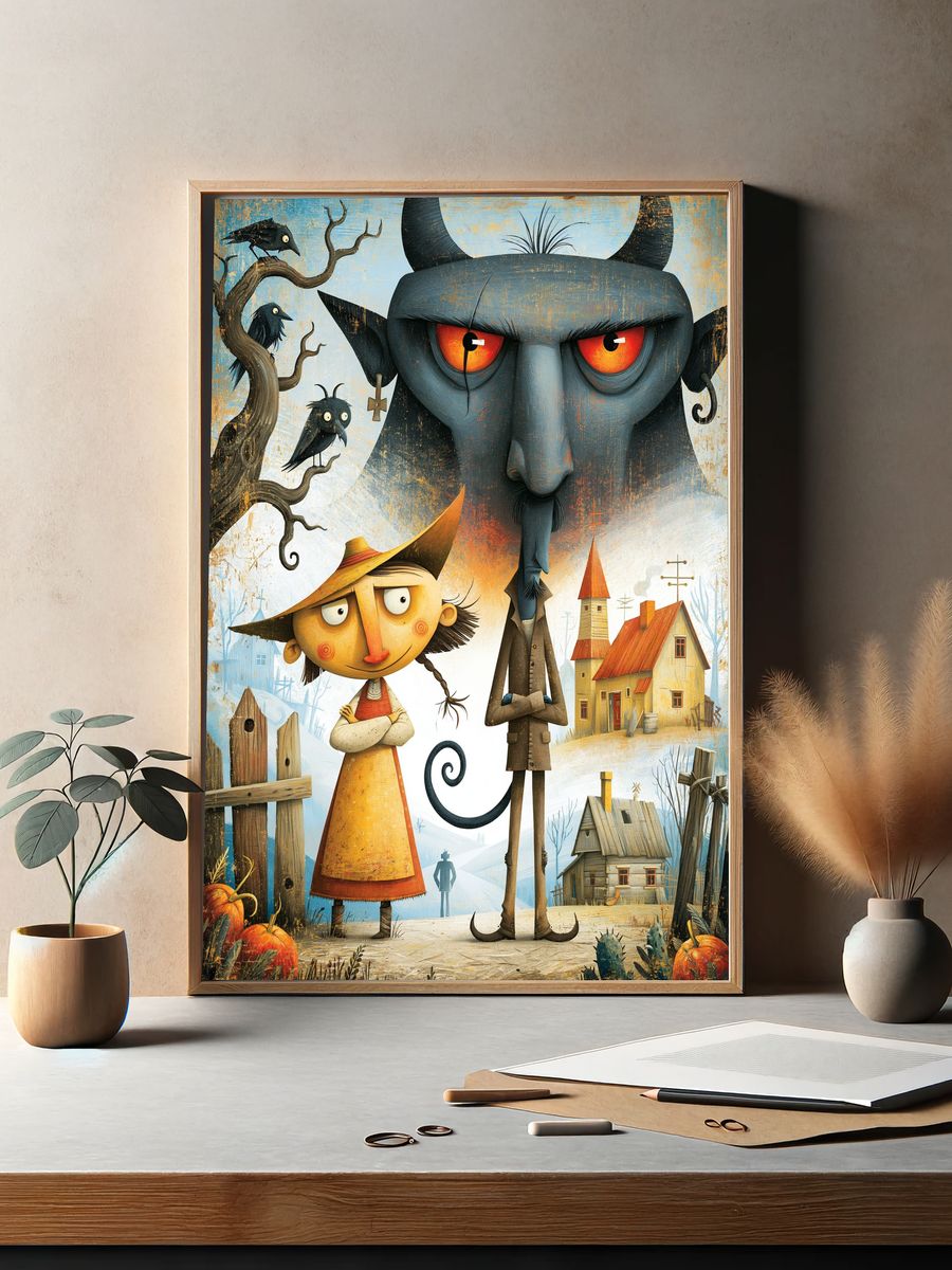 Whimsical Village Devils Illustration Poster. — room view 2