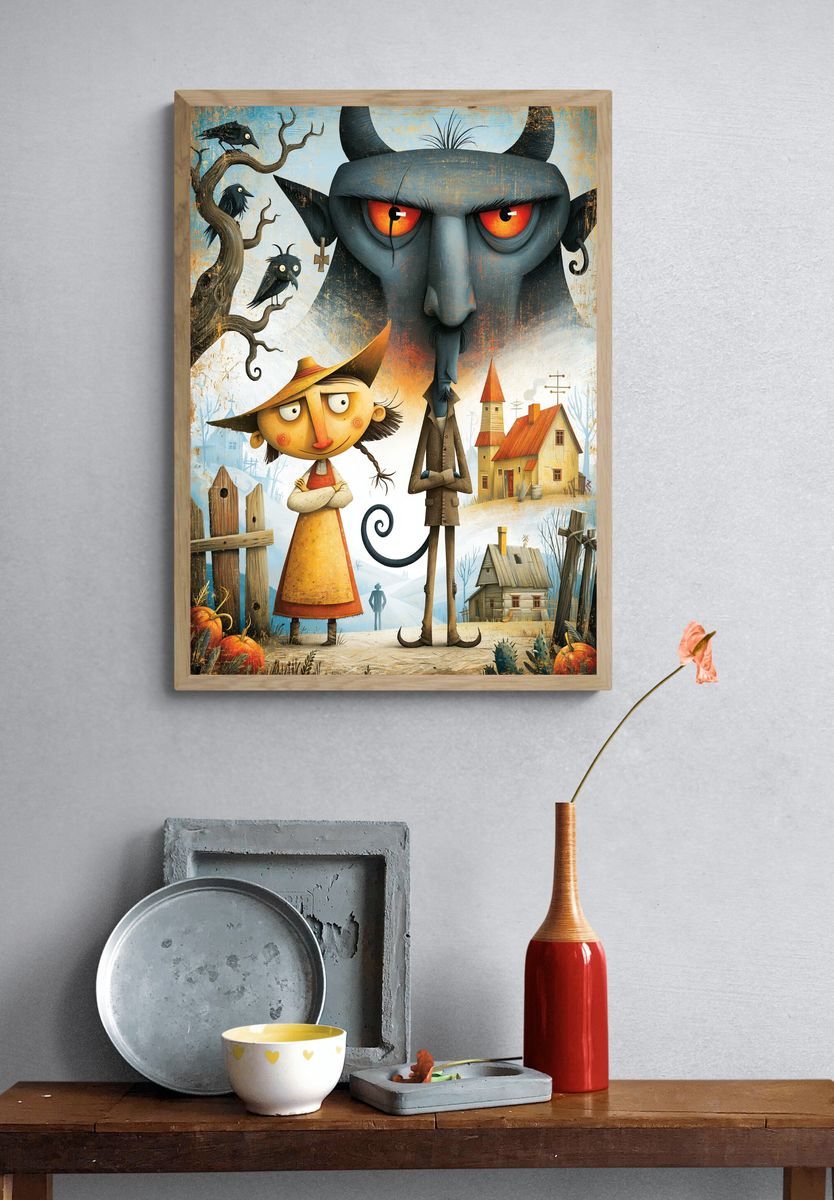 Whimsical Village Devils Illustration Poster. — room view 3
