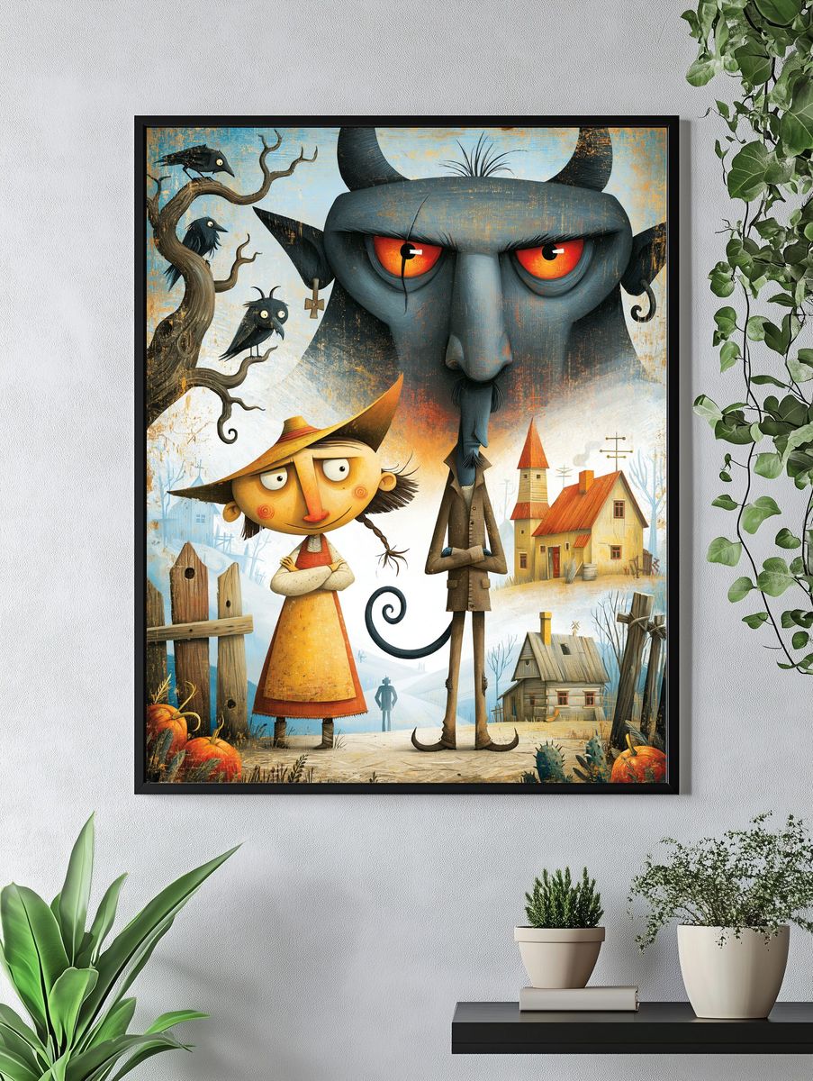 Whimsical Village Devils Illustration Poster. — room view 4