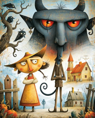 Whimsical Village Devils Illustration Poster.