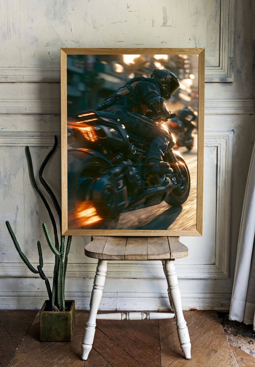 Cyberpunk Motorcycle Chase Print. room preview