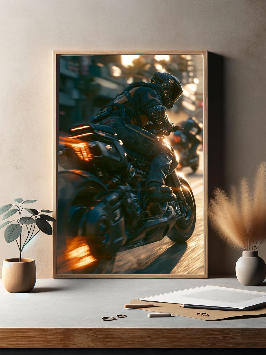 Cyberpunk Motorcycle Chase Print. — room view 2