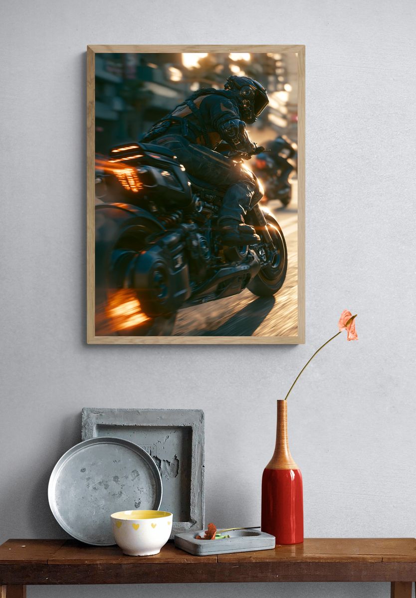 Cyberpunk Motorcycle Chase Print. — room view 3