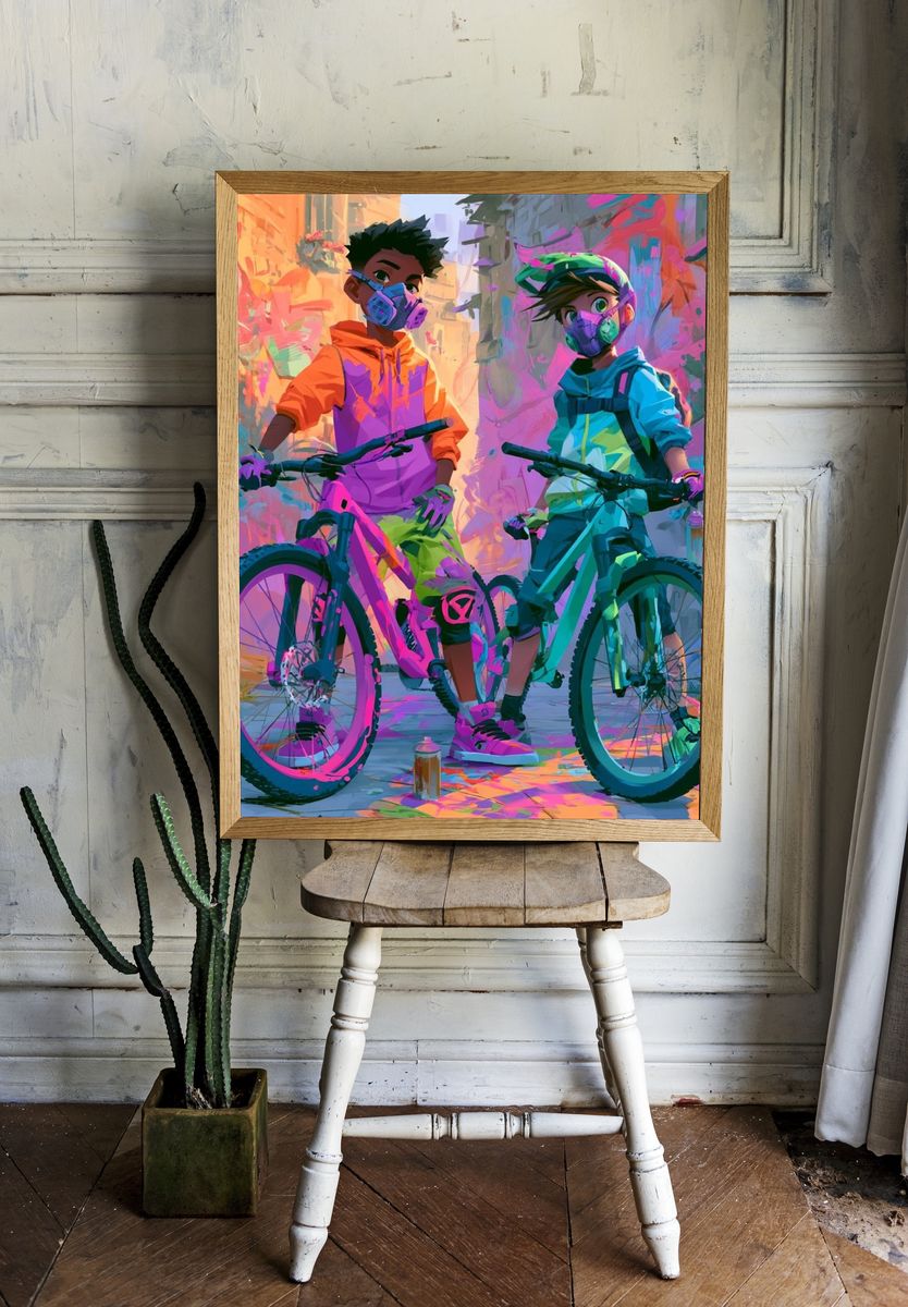 Neon Bike Riders Illustration Poster. room preview