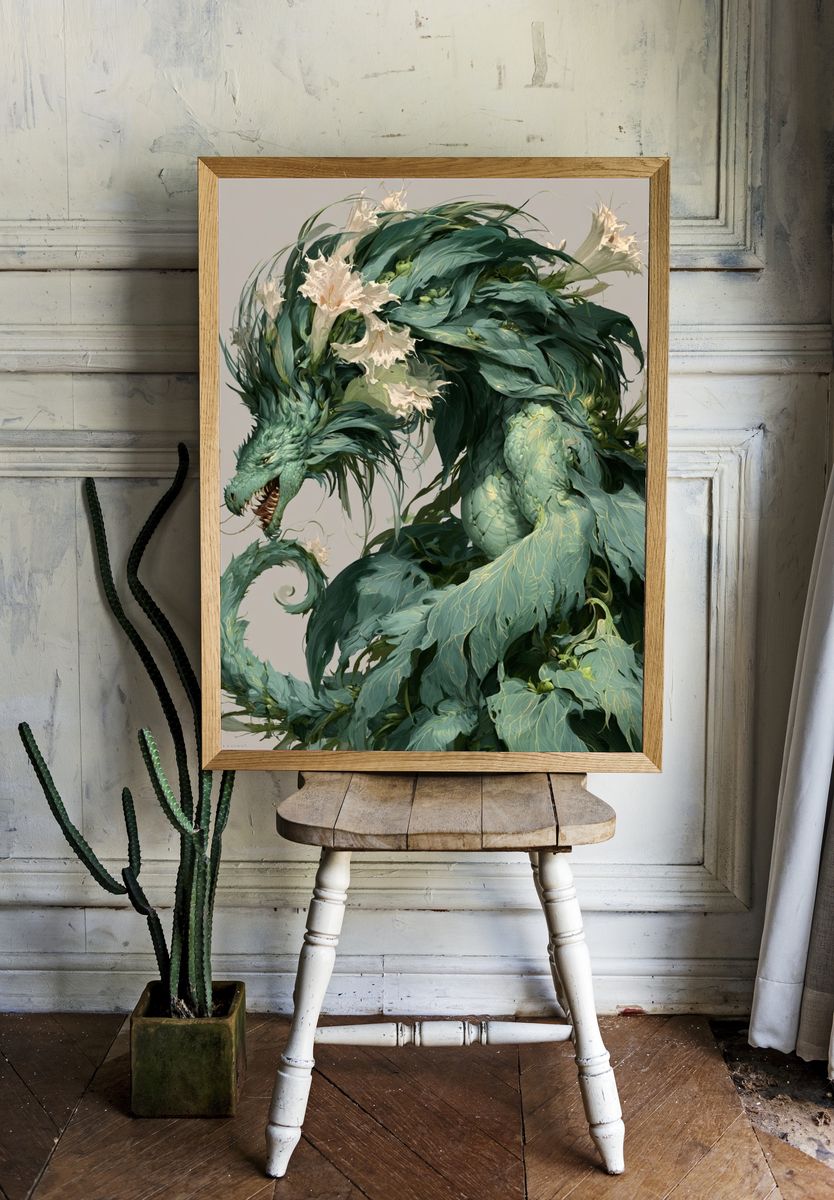 Emerald Dragon Botanical Print. room preview