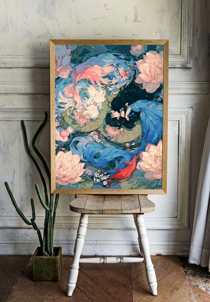 Koi and Lotus Garden Illustration Poster. room preview