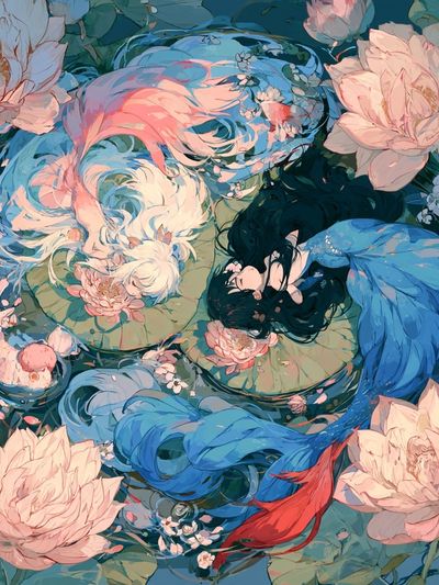 Koi and Lotus Garden Illustration Poster.