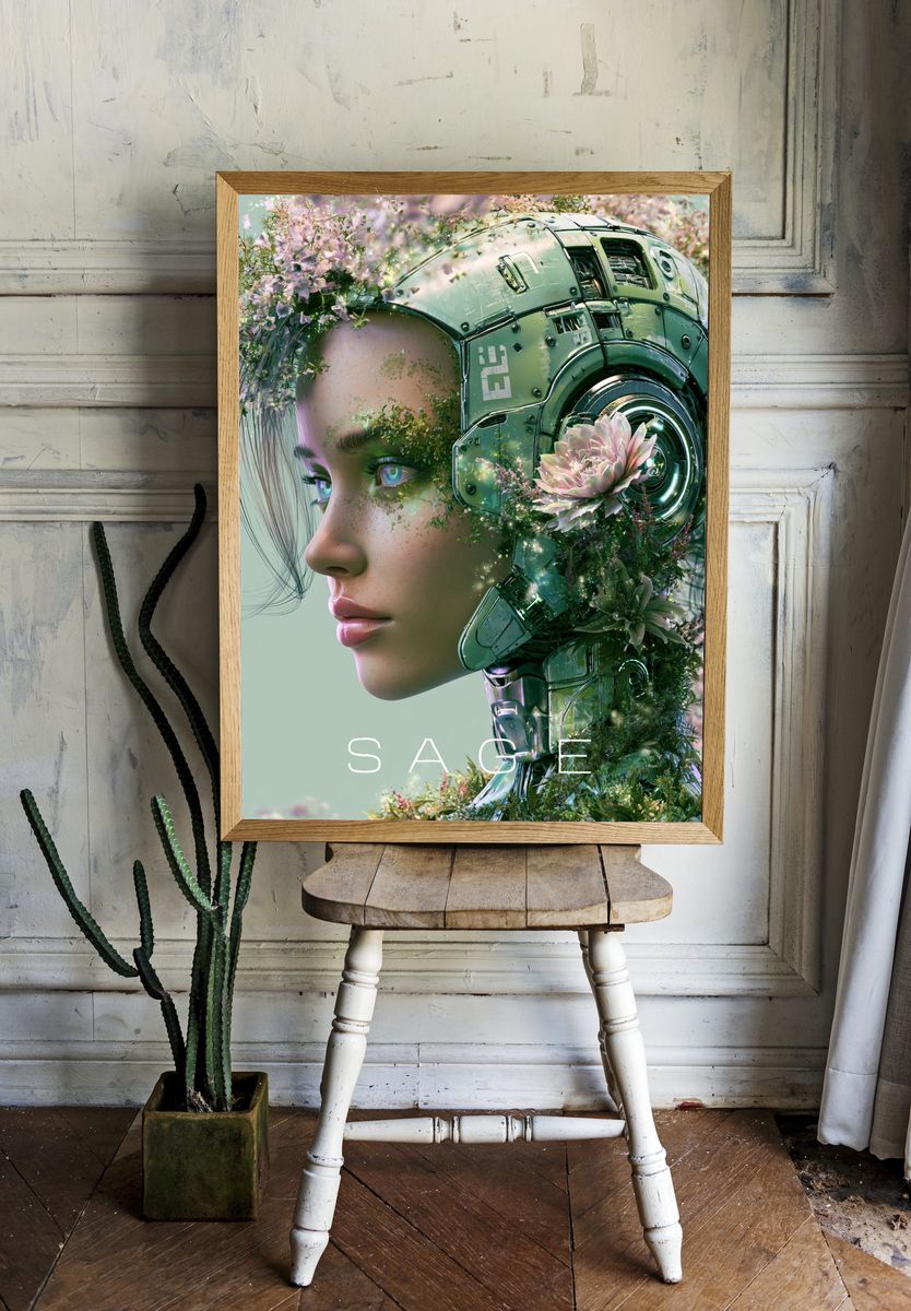 Sage Cyber Flora Portrait Print. room preview