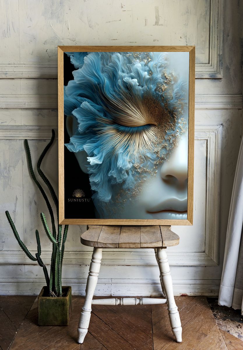 Blue Floral Face Illustration Poster. — room view 1