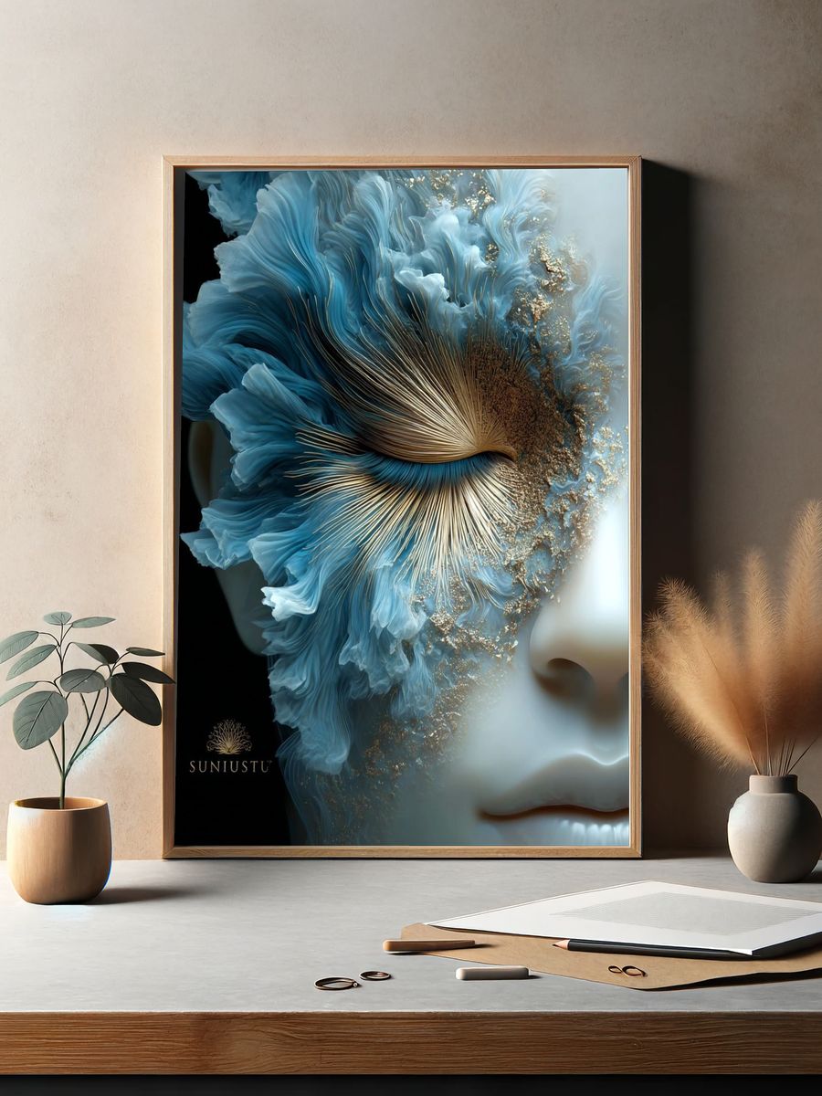 Blue Floral Face Illustration Poster. — room view 2