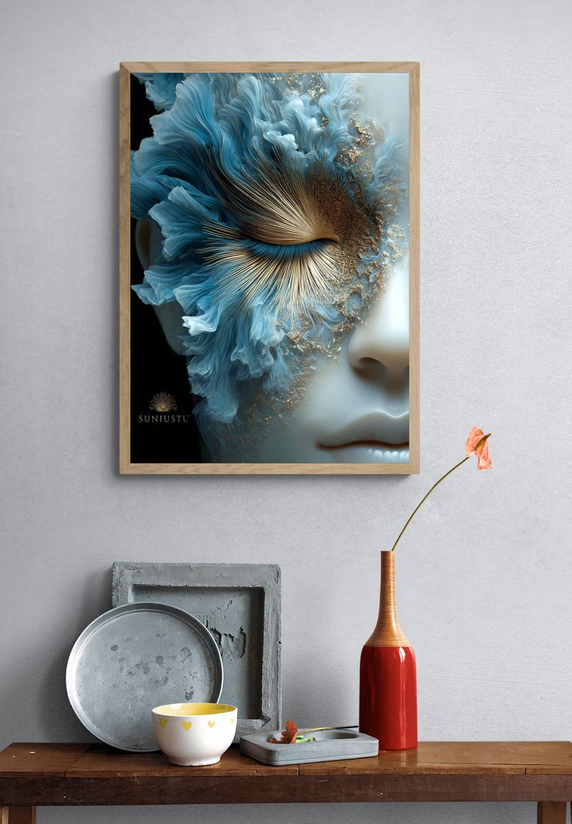 Blue Floral Face Illustration Poster. — room view 3
