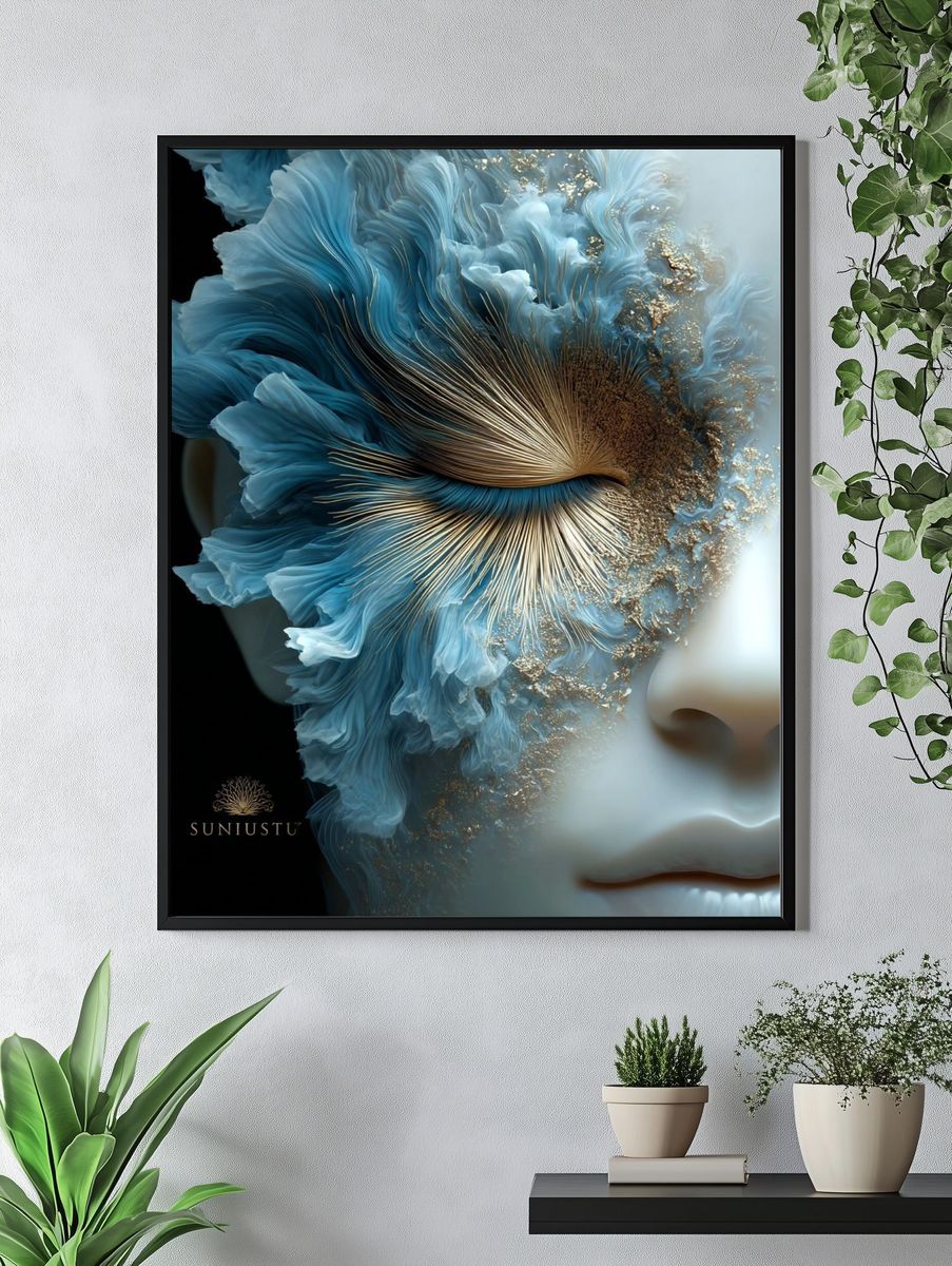 Blue Floral Face Illustration Poster. — room view 4