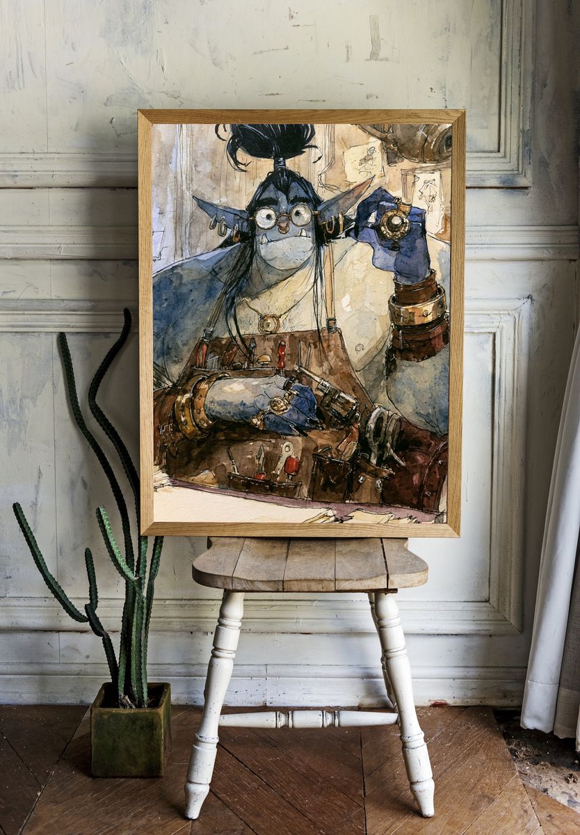 Goblin Artificer Watercolor Print. — room view 1